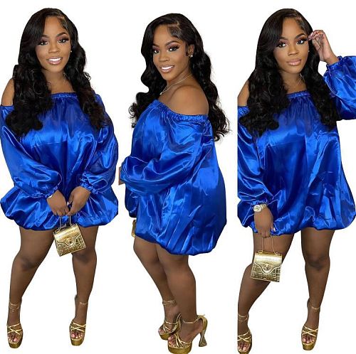 Stain Off Shoulder Long Sleeve Loose Short Dresses MOF-8921