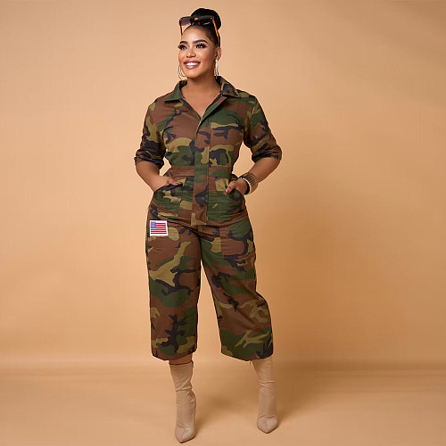 Camo Print Half Sleeve High Waist Street Jumpsuit YNS-1889