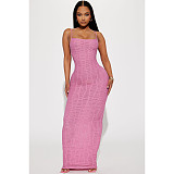 XS Solid Color High Stretch Pleated Slip Maxi Dresses ASL-6652