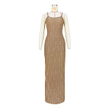 XS Solid Color High Stretch Pleated Slip Maxi Dresses ASL-6652