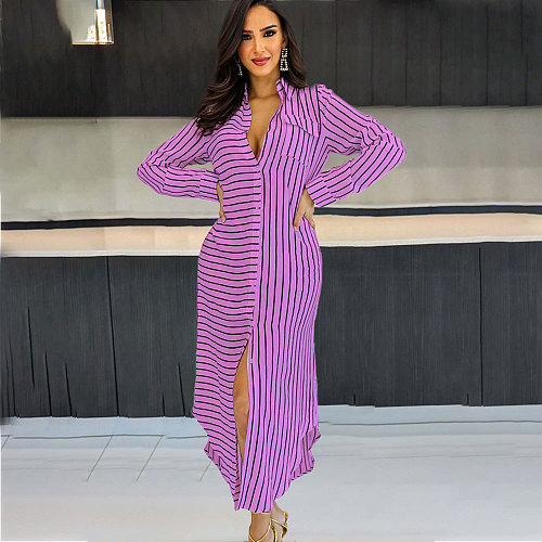 Striped Loose Long Sleeve Maxi Shirt Dresses SFY-2301