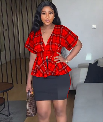 V Neck Short Sleeve Plaid Tops 2 Piece Skirt Sets MAE-2160