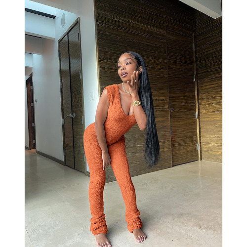 Solid Plush Sleeveless V Neck Stacked Jumpsuits DD-88195