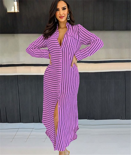 Striped Loose Long Sleeve Maxi Shirt Dresses SFY-2301