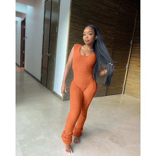 Solid Plush Sleeveless V Neck Stacked Jumpsuits DD-88195
