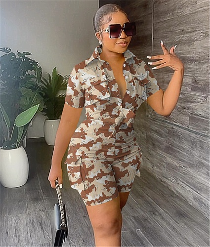 Camo Print Short Sleeve Shirt Tops Cargo Short Sets FOS-8341