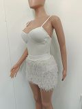 Sexy Spaghetti Strap Bodysuit+Plush Mini Skirts Set BN-9412