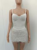 Sexy Spaghetti Strap Bodysuit+Plush Mini Skirts Set BN-9412