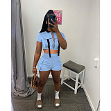 Zipper Pocket Crop Top Jacket Shorts Cargo Tracksuit FOS-8345