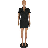 Solid Short Sleeve Zipper Pockets Short Dresses FOS-8343