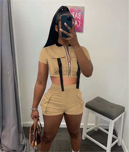 Zipper Pocket Crop Top Jacket Shorts Cargo Tracksuit FOS-8345
