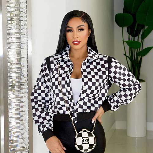 Plaid Print Threaded Long Sleeve Baseball Jacket AL-7504
