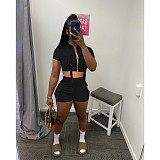 Zipper Pocket Crop Top Jacket Shorts Cargo Tracksuit FOS-8345
