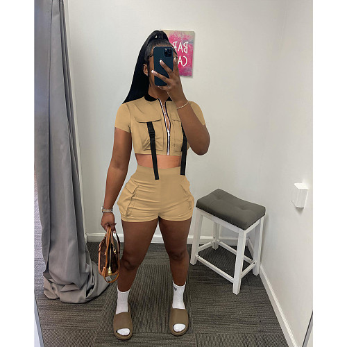 Zipper Pocket Crop Top Jacket Shorts Cargo Tracksuit FOS-8345