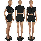 Zipper Pocket Crop Top Jacket Shorts Cargo Tracksuit FOS-8345