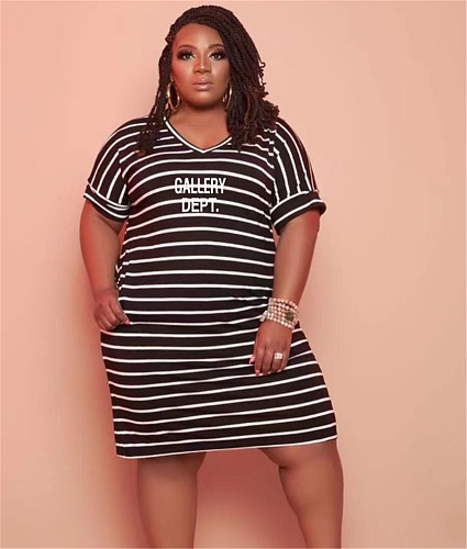 Striped V Neck Short Sleeve Plus Size Summer Dress OQ-106