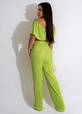 Chic Off Shoulder Pleated Crop Tops Wide Leg Pants Set WSM-5339