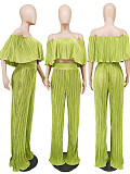 Chic Off Shoulder Pleated Crop Tops Wide Leg Pants Set WSM-5339