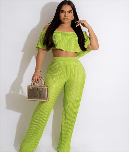 Chic Off Shoulder Pleated Crop Tops Wide Leg Pants Set WSM-5339