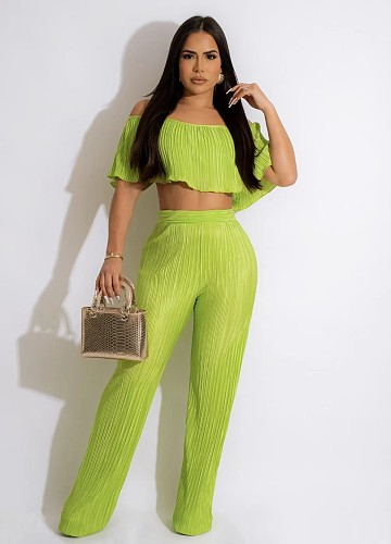 Chic Off Shoulder Pleated Crop Tops Wide Leg Pants Set WSM-5339