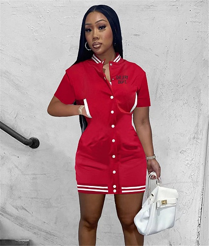 Short Sleeve Single Breasted Casual Baseball Dresses XING-256