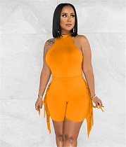 Sleeveless Bodysuit+Tassel Side Biker Shorts 2 Pcs Sets BS-1339