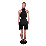 Sleeveless Bodysuit+Tassel Side Biker Shorts 2 Pcs Sets BS-1339