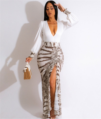 Deep V Neck Long Sleeve Drawstring Ruched Slit Dresses HANI-100