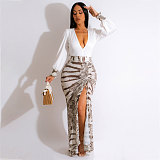 Deep V Neck Long Sleeve Drawstring Ruched Slit Dresses HANI-100