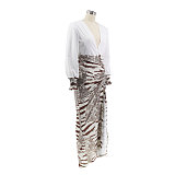 Deep V Neck Long Sleeve Drawstring Ruched Slit Dresses HANI-100