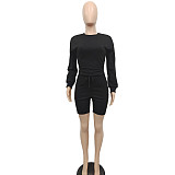 Solid Long Sleeve T-shirt Tops Biker Shorts Tracksuit BN-9409