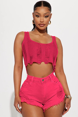 High Waist Ripped Holes Fringed Denim Shorts YD-8697