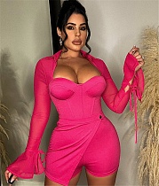 Sexy Sheer Mesh Patchwork Flare Sleeve Skinny Romper NM-8805
