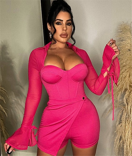 Sexy Sheer Mesh Patchwork Flare Sleeve Skinny Romper NM-8805