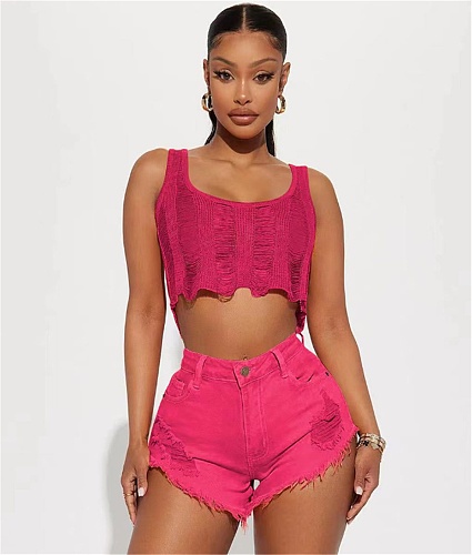 High Waist Ripped Holes Fringed Denim Shorts YD-8697