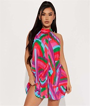 Abstract Printing Sleeveless Pleated Mini Dresses YD-8698