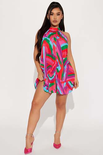 Abstract Printing Sleeveless Pleated Mini Dresses YD-8698