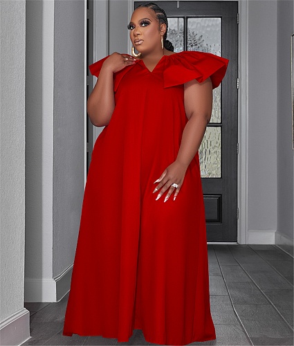 Solid V Neck Ruffle Sleeveless Plus Size Dresses TE-4611