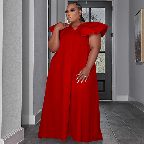 Solid V Neck Ruffle Sleeveless Plus Size Dresses TE-4611