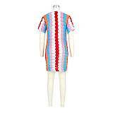 Contrast Color Patchwork Short Sleeve Knitted Dress ASL-6656
