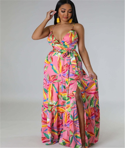 Sexy Floral Print Spaghetti Strap Backless Maxi Dress XMY-9400
