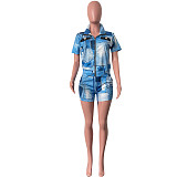 Chic Printing Zipper Short Sleeve Tops and Shorts Set HMS-5565