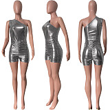 Metallic Color One Shoulder Sleeveless Pleated Romper HMS-5566