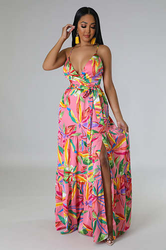 Sexy Floral Print Spaghetti Strap Backless Maxi Dress XMY-9400