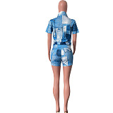 Chic Printing Zipper Short Sleeve Tops and Shorts Set HMS-5565