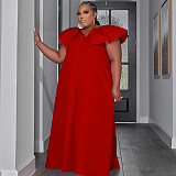 Solid V Neck Ruffle Sleeveless Plus Size Dresses TE-4611