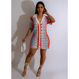 Contrast Color Patchwork Short Sleeve Knitted Dress ASL-6656