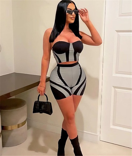 Strapless Bodycon Crop Tops Biker Shorts Two Piece Set OYF-8317