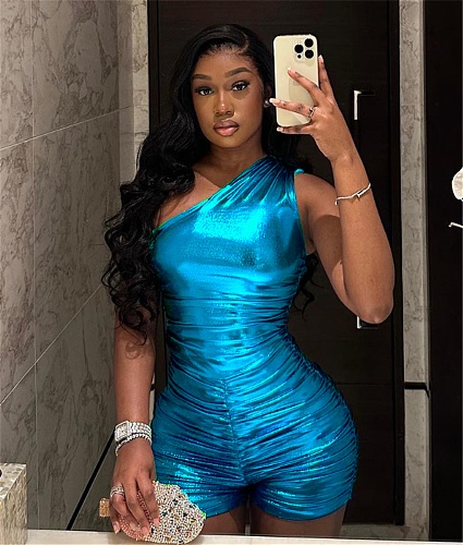 Metallic Color One Shoulder Sleeveless Pleated Romper HMS-5566