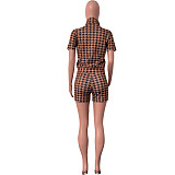 Chic Printing Zipper Short Sleeve Tops and Shorts Set HMS-5565